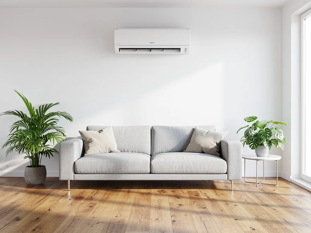 Climatiseur mural blanc posé au-dessus du canapé dans un salon clair