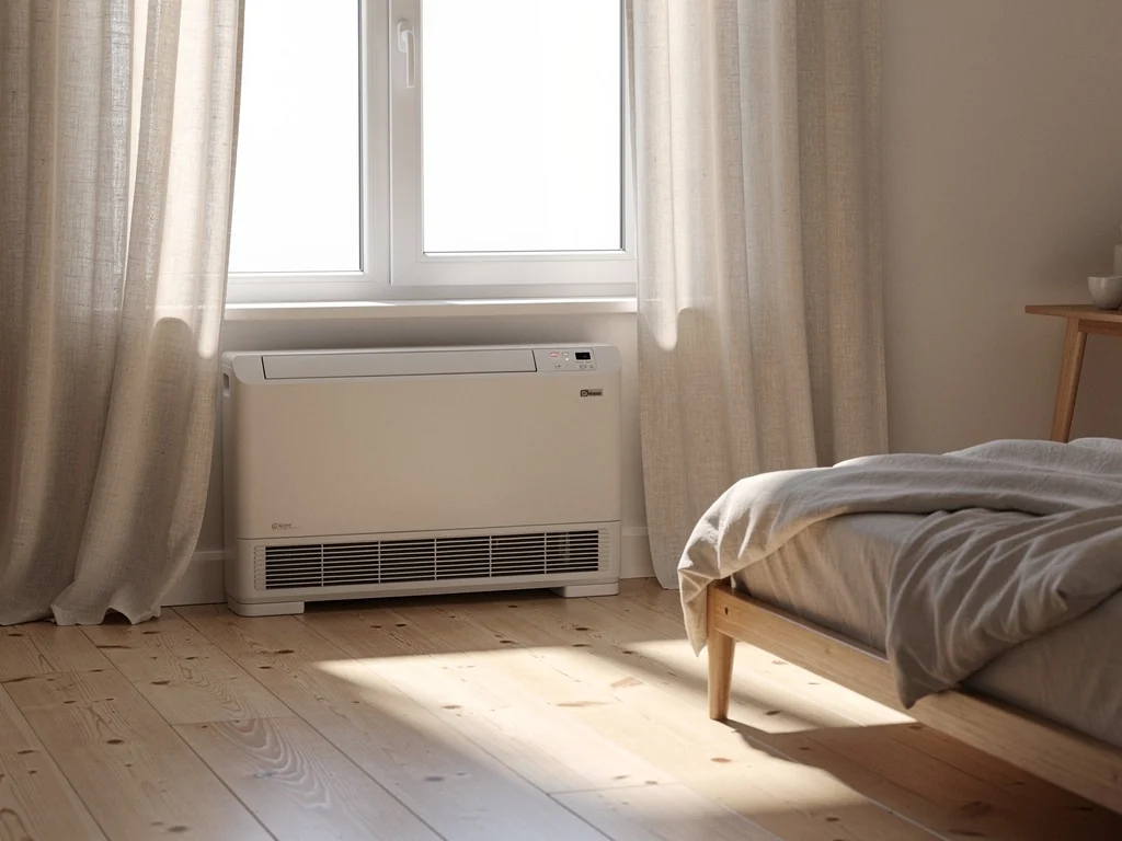 Console de climatisation posée au sol sous la fenêtre d'une chambre